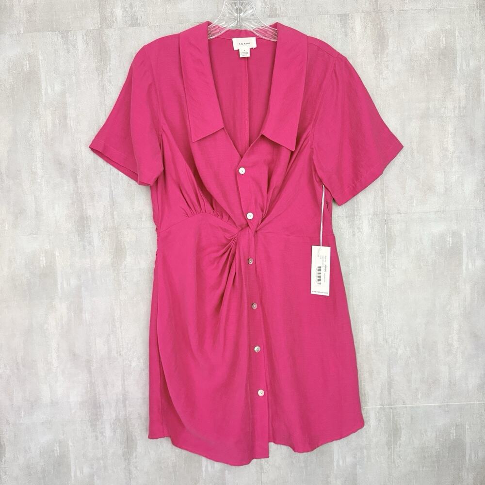 R.G. Kane Alex Mini Dress Small Pink Linen Blend Twist Waist Collared Beachy